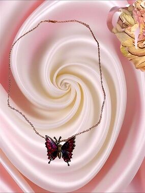 Vintage Rose Gold Butterfly Necklace with Fuchsia and Purple Enamel